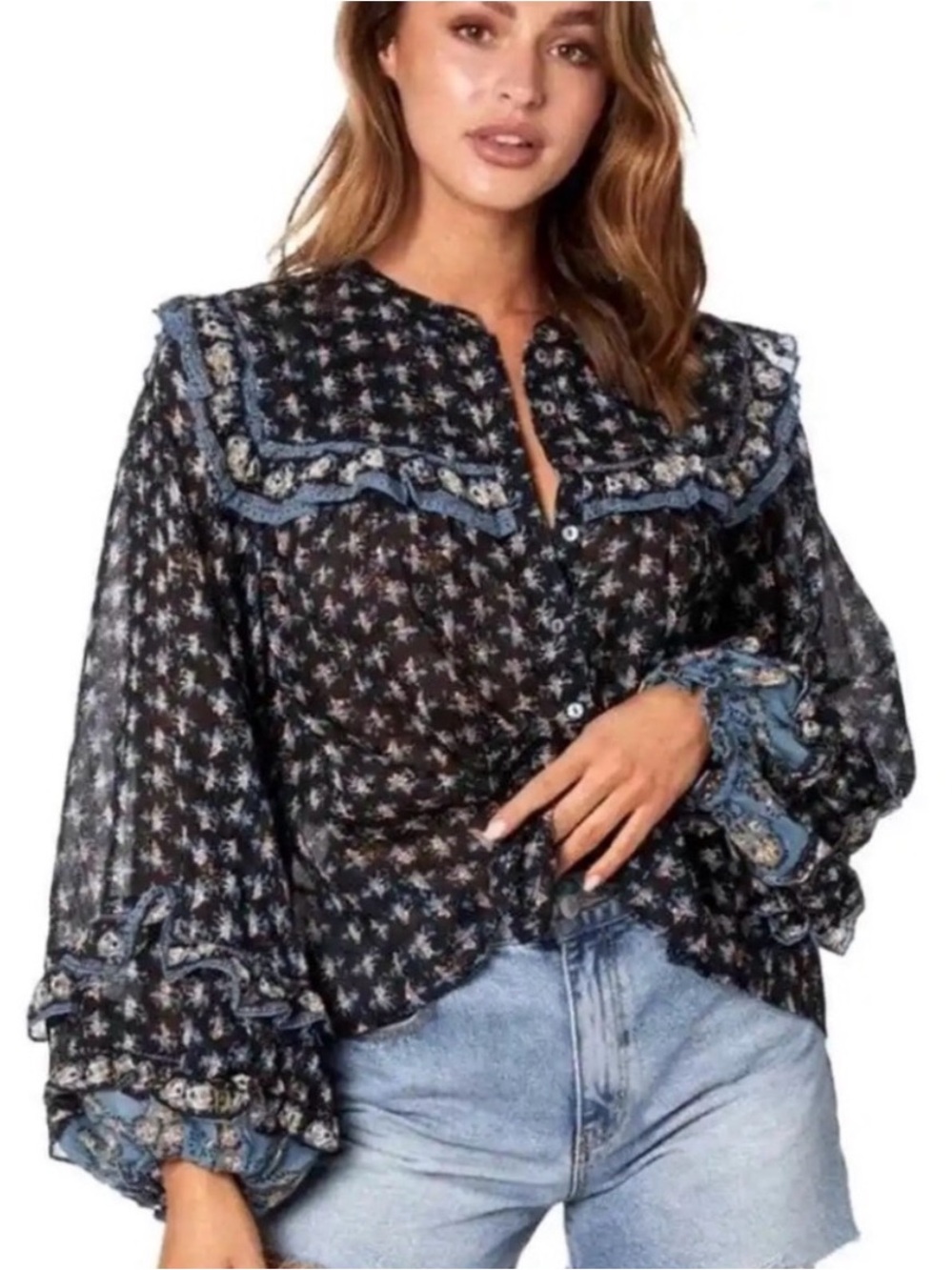 Free People Jenna Floral Ruffle Yoke Peasant Blouse Top Night Combo Size XS